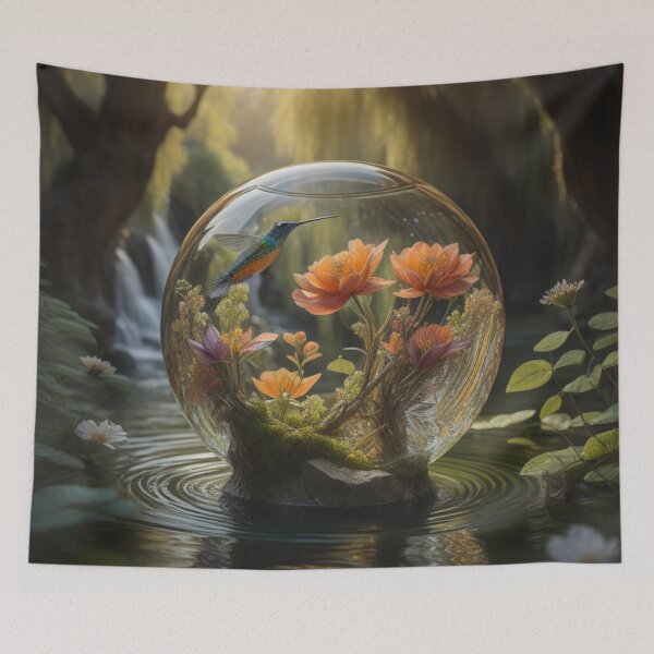 Item preview, Whispers Of Enchantment Peach Flowers Hummingbird Glass Orb Waterfall designed and sold by EnchantedVista.