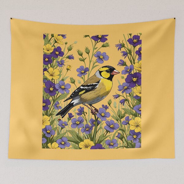 Item preview, A New Jersey Eastern Goldfinch Surrounded By Common Violet Flowers designed and sold by taiche.