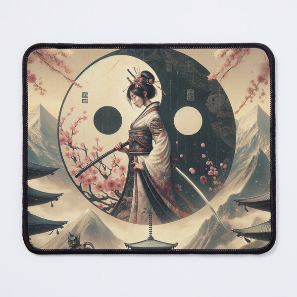 Item preview, Colorful Yin Yang Samurai Kitsune Masked Geisha Girl Japanese Pagoda Cherry Blossom Design designed and sold by DesignsByLitz.