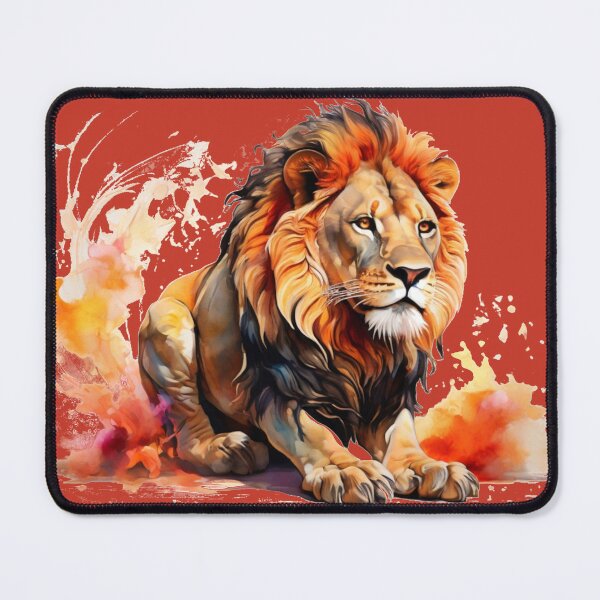 Artikelvorschau,  ein Löwe als digitales Aquarell- roter Hintergrund entworfen und verkauft von Rose Design & Photos.
