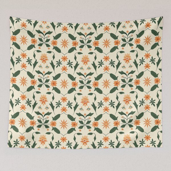Item preview, Vintage Cream Floral Pattern with Orange and Green Leaves designed and sold by amortka.