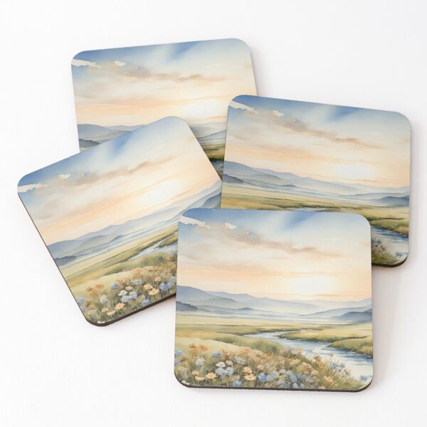 Item preview, Watercolor sepia picture of a breathtaking landscape with river, green meadow and rolling hills at background. Sunrise vivid color palette capturing the harmonious beauty of nature. designed and sold by Andrey-Myagkov.
