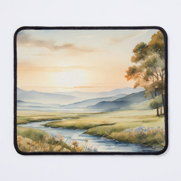 Item preview, Watercolor sepia picture of a breathtaking landscape with river, green meadow and rolling hills at background. Sunrise vivid color palette capturing the harmonious beauty of nature. designed and sold by Andrey-Myagkov.