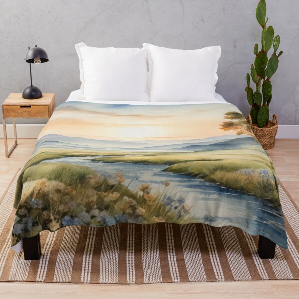 Item preview, Watercolor sepia picture of a breathtaking landscape with river, green meadow and rolling hills at background. Sunrise vivid color palette capturing the harmonious beauty of nature. designed and sold by Andrey-Myagkov.