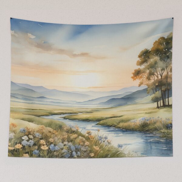 Item preview, Watercolor sepia picture of a breathtaking landscape with river, green meadow and rolling hills at background. Sunrise vivid color palette capturing the harmonious beauty of nature. designed and sold by Andrey-Myagkov.