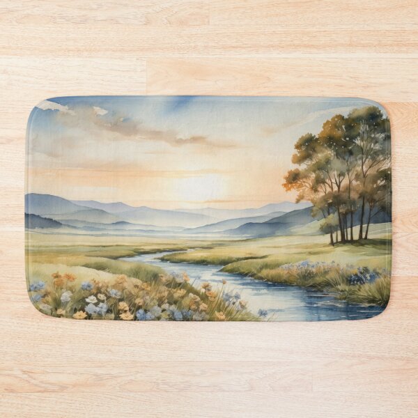 Item preview, Watercolor sepia picture of a breathtaking landscape with river, green meadow and rolling hills at background. Sunrise vivid color palette capturing the harmonious beauty of nature. designed and sold by Andrey-Myagkov.