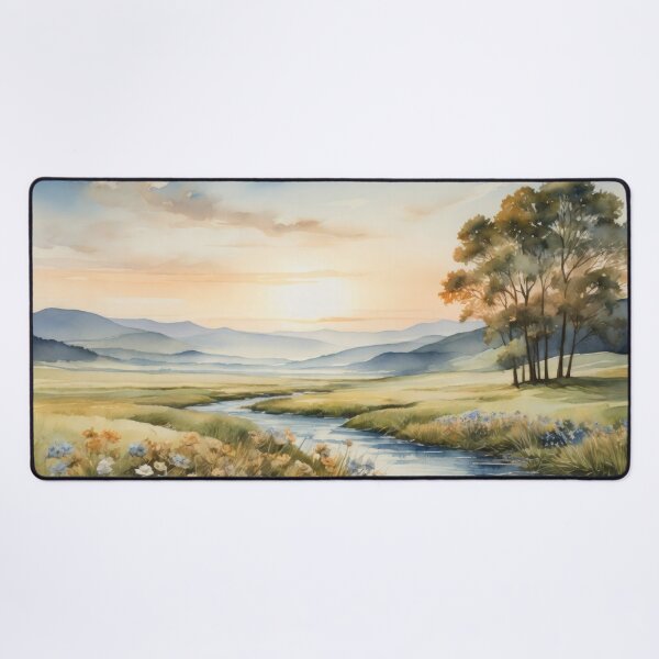Item preview, Watercolor sepia picture of a breathtaking landscape with river, green meadow and rolling hills at background. Sunrise vivid color palette capturing the harmonious beauty of nature. designed and sold by Andrey-Myagkov.