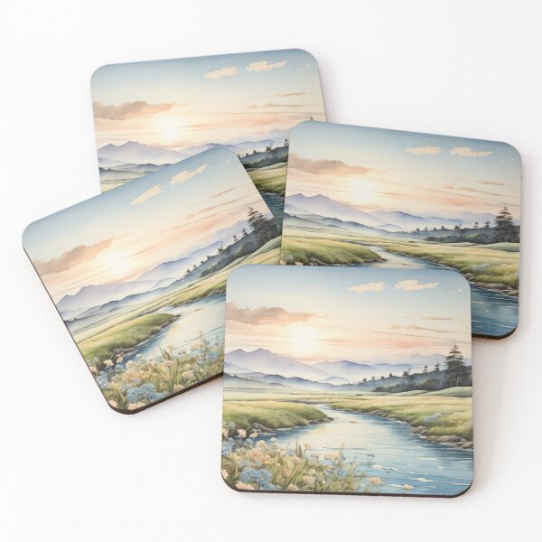 Item preview, Watercolor sepia picture of a breathtaking landscape with river, green meadow and rolling hills at background. Sunrise vivid color palette capturing the harmonious beauty of nature. designed and sold by Andrey-Myagkov.