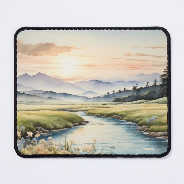 Item preview, Watercolor sepia picture of a breathtaking landscape with river, green meadow and rolling hills at background. Sunrise vivid color palette capturing the harmonious beauty of nature. designed and sold by Andrey-Myagkov.