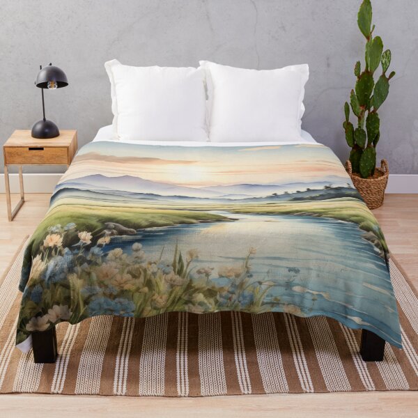 Item preview, Watercolor sepia picture of a breathtaking landscape with river, green meadow and rolling hills at background. Sunrise vivid color palette capturing the harmonious beauty of nature. designed and sold by Andrey-Myagkov.