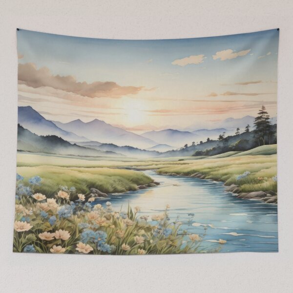 Item preview, Watercolor sepia picture of a breathtaking landscape with river, green meadow and rolling hills at background. Sunrise vivid color palette capturing the harmonious beauty of nature. designed and sold by Andrey-Myagkov.