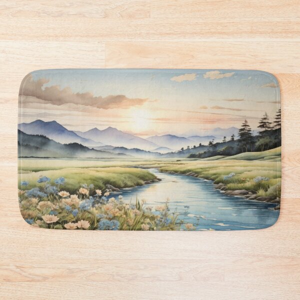 Item preview, Watercolor sepia picture of a breathtaking landscape with river, green meadow and rolling hills at background. Sunrise vivid color palette capturing the harmonious beauty of nature. designed and sold by Andrey-Myagkov.