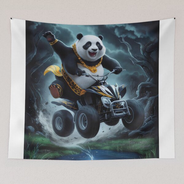 Item preview, Panda on a quad bike in flight over the river. designed and sold by MyHappyArtShop.