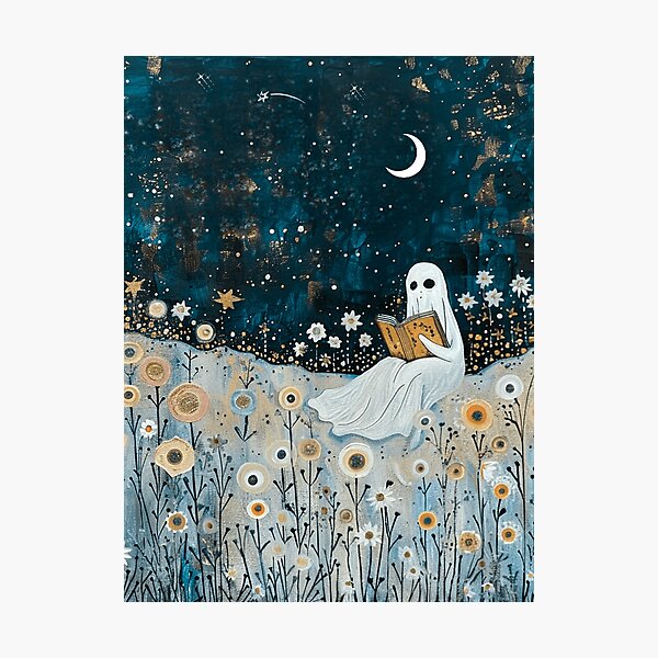 Item preview, Bedroom Library Book Nook Art Spooky Cute Ghost Reading Botanical Painting designed and sold by Arwen-Art.