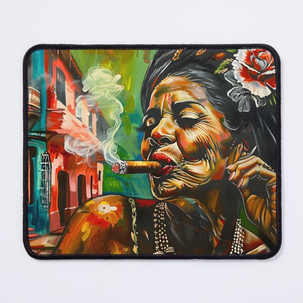 Item preview, Spirited Havana Reverie - Joyful Woman in Vibrant Cuban Attire with Classic Cigar designed and sold by OlfactoART Studio.