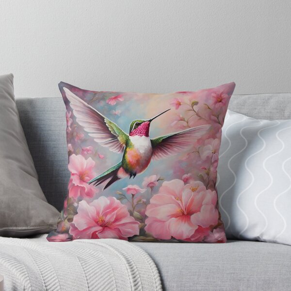 Item preview, Art Noveau Pink Flowers Magical Hummingbird Home Accent Pillow Cushio designed and sold by CottageGingham.