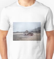 Rocks on misty beach Unisex T-Shirt