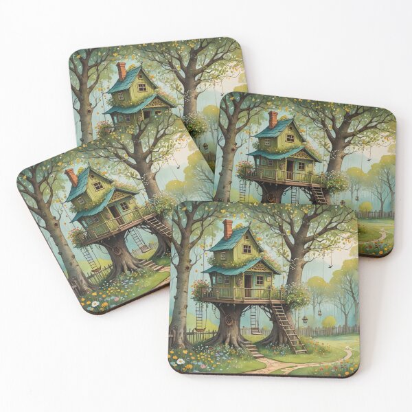 Item preview, The Hideout Cute Fantasy Wooden Tree House in the Meadow With Spring Flowers and Dandelions Garden - Whimsical Illustration designed and sold by MyArt23.