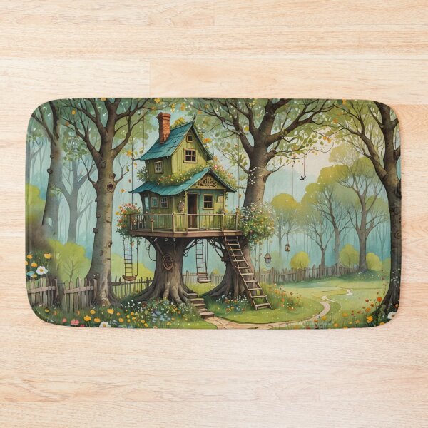 Item preview, The Hideout Cute Fantasy Wooden Tree House in the Meadow With Spring Flowers and Dandelions Garden - Whimsical Illustration designed and sold by MyArt23.