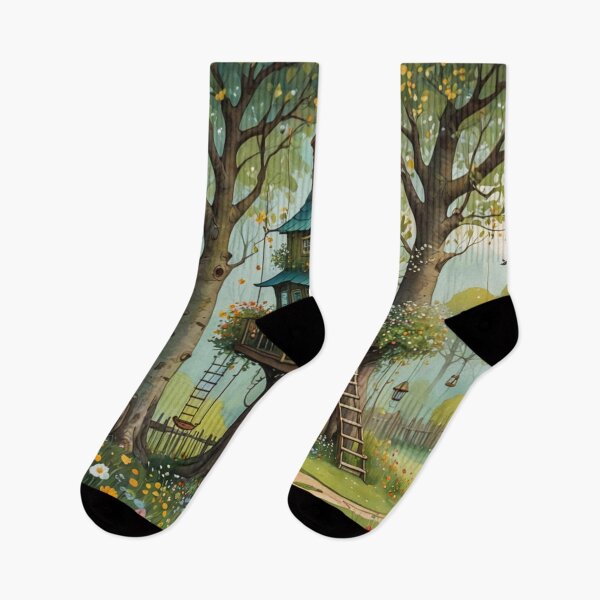 Item preview, The Hideout Cute Fantasy Wooden Tree House in the Meadow With Spring Flowers and Dandelions Garden - Whimsical Illustration designed and sold by MyArt23.