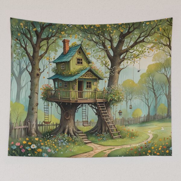 Item preview, The Hideout Cute Fantasy Wooden Tree House in the Meadow With Spring Flowers and Dandelions Garden - Whimsical Illustration designed and sold by MyArt23.