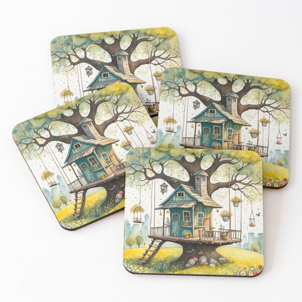 Item preview, The Hideout Cute Fantasy Wooden Tree House in the Meadow With Spring Flowers and Dandelions Garden - Whimsical Illustration designed and sold by MyArt23.