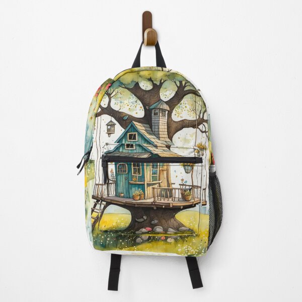 Item preview, The Hideout Cute Fantasy Wooden Tree House in the Meadow With Spring Flowers and Dandelions Garden - Whimsical Illustration designed and sold by MyArt23.