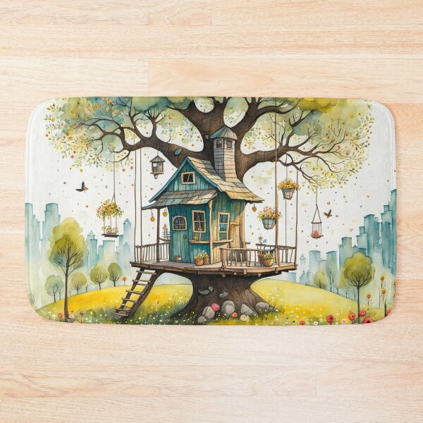 Item preview, The Hideout Cute Fantasy Wooden Tree House in the Meadow With Spring Flowers and Dandelions Garden - Whimsical Illustration designed and sold by MyArt23.