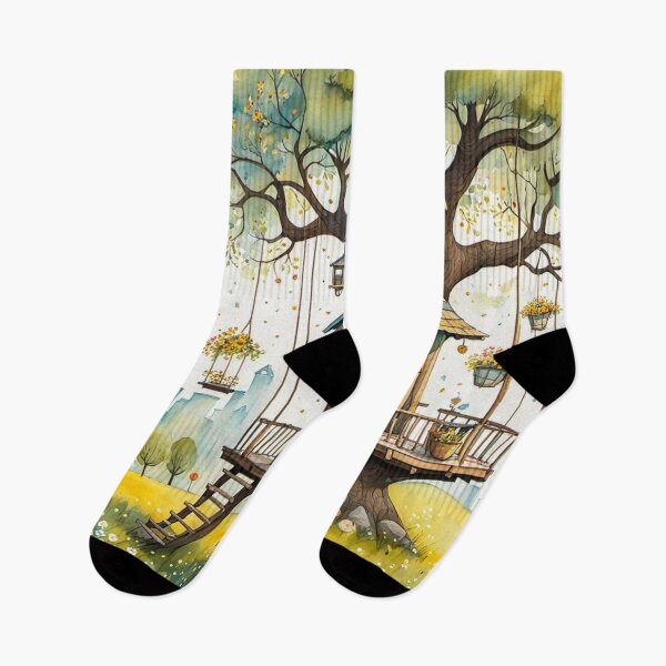 Item preview, The Hideout Cute Fantasy Wooden Tree House in the Meadow With Spring Flowers and Dandelions Garden - Whimsical Illustration designed and sold by MyArt23.