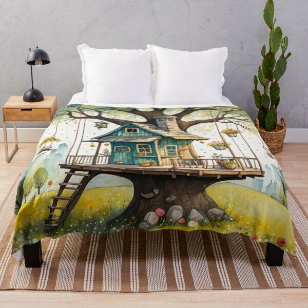 Item preview, The Hideout Cute Fantasy Wooden Tree House in the Meadow With Spring Flowers and Dandelions Garden - Whimsical Illustration designed and sold by MyArt23.