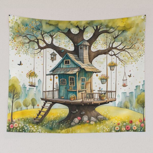 Item preview, The Hideout Cute Fantasy Wooden Tree House in the Meadow With Spring Flowers and Dandelions Garden - Whimsical Illustration designed and sold by MyArt23.