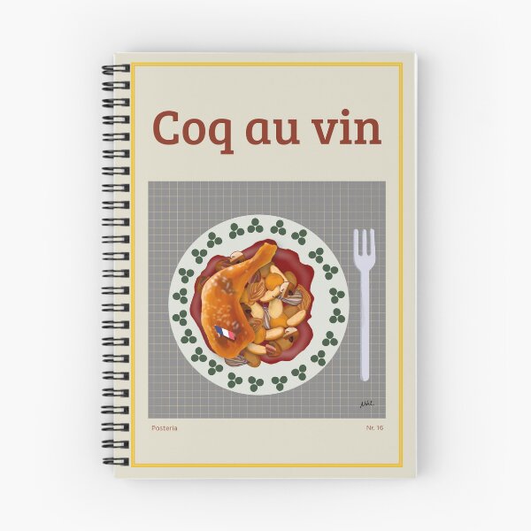 Item preview, COQ AU VIN Illustration with a plate with a chicken patty, potatoes, onions, mushrooms and red wine sauce designed and sold by Posteria.