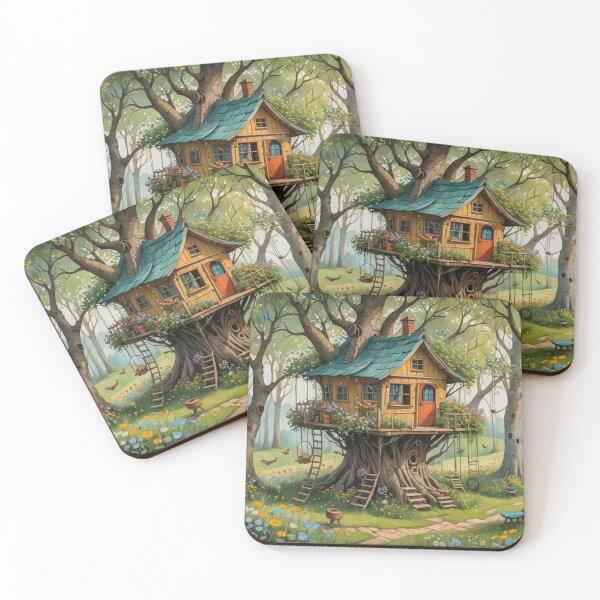 Item preview, The Hideout Cute Fantasy Wooden Tree House in the Meadow With Spring Flowers and Dandelions Garden - Whimsical Illustration designed and sold by MyArt23.