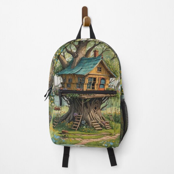 Item preview, The Hideout Cute Fantasy Wooden Tree House in the Meadow With Spring Flowers and Dandelions Garden - Whimsical Illustration designed and sold by MyArt23.