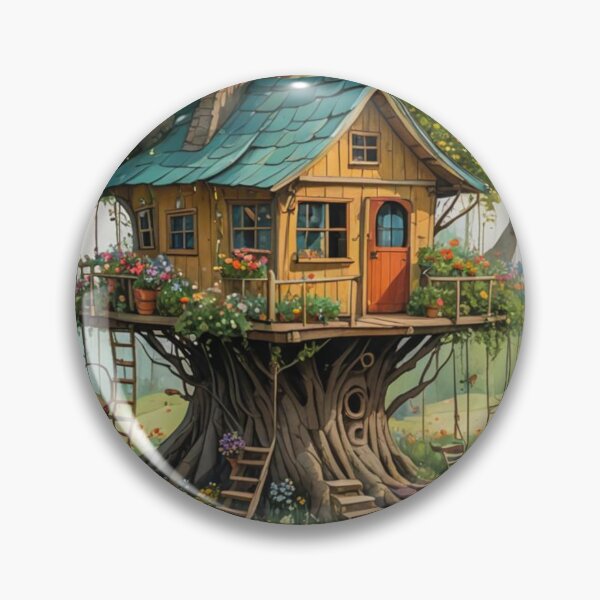 Item preview, The Hideout Cute Fantasy Wooden Tree House in the Meadow With Spring Flowers and Dandelions Garden - Whimsical Illustration designed and sold by MyArt23.