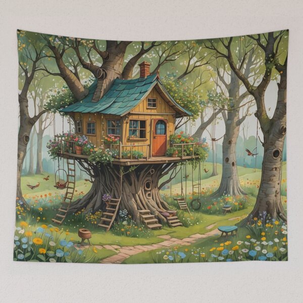 Item preview, The Hideout Cute Fantasy Wooden Tree House in the Meadow With Spring Flowers and Dandelions Garden - Whimsical Illustration designed and sold by MyArt23.