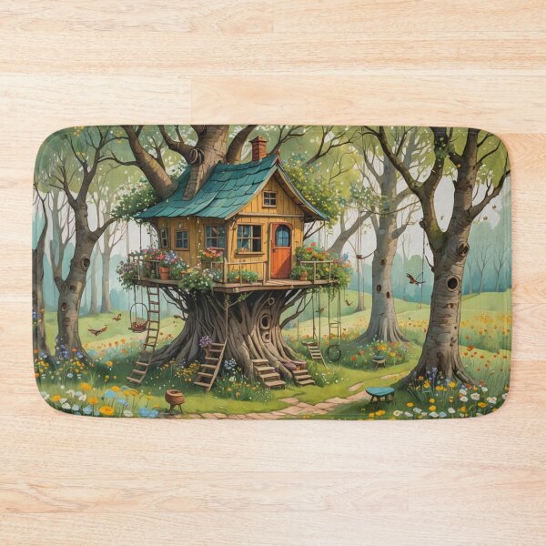 Item preview, The Hideout Cute Fantasy Wooden Tree House in the Meadow With Spring Flowers and Dandelions Garden - Whimsical Illustration designed and sold by MyArt23.