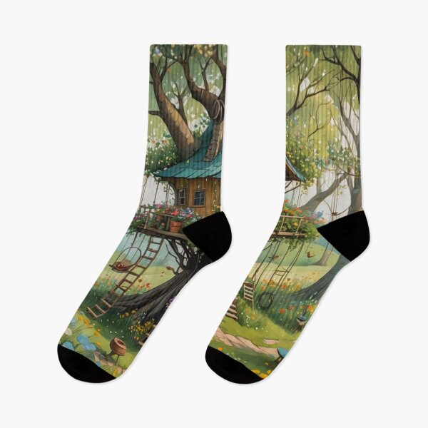 Item preview, The Hideout Cute Fantasy Wooden Tree House in the Meadow With Spring Flowers and Dandelions Garden - Whimsical Illustration designed and sold by MyArt23.