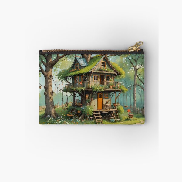 Item preview, The Hideout Cute Fantasy Wooden Tree House in the Meadow With Spring Flowers and Dandelions Garden - Whimsical Illustration designed and sold by MyArt23.