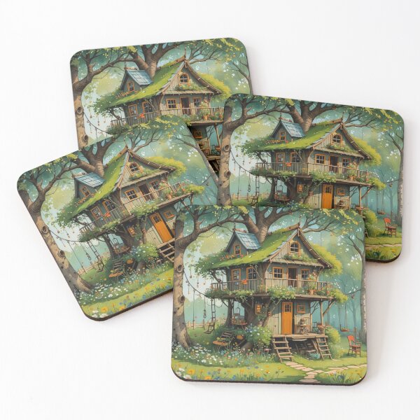 Item preview, The Hideout Cute Fantasy Wooden Tree House in the Meadow With Spring Flowers and Dandelions Garden - Whimsical Illustration designed and sold by MyArt23.