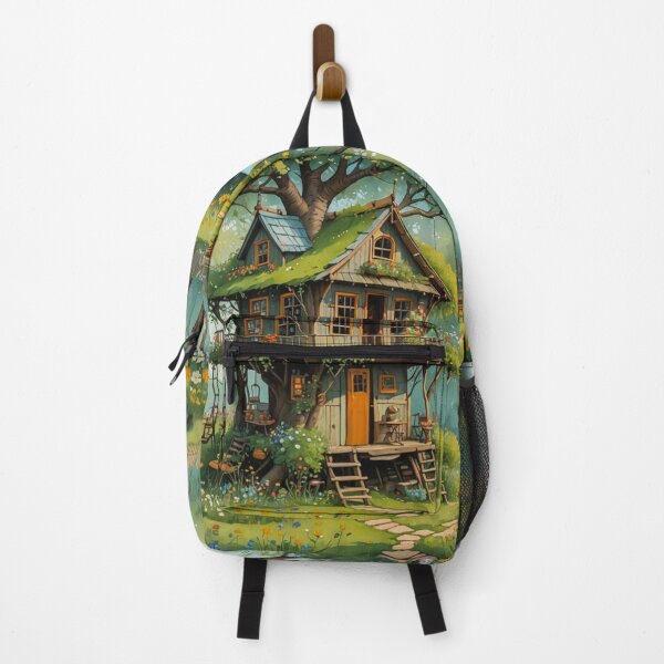 Item preview, The Hideout Cute Fantasy Wooden Tree House in the Meadow With Spring Flowers and Dandelions Garden - Whimsical Illustration designed and sold by MyArt23.