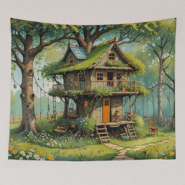 Item preview, The Hideout Cute Fantasy Wooden Tree House in the Meadow With Spring Flowers and Dandelions Garden - Whimsical Illustration designed and sold by MyArt23.