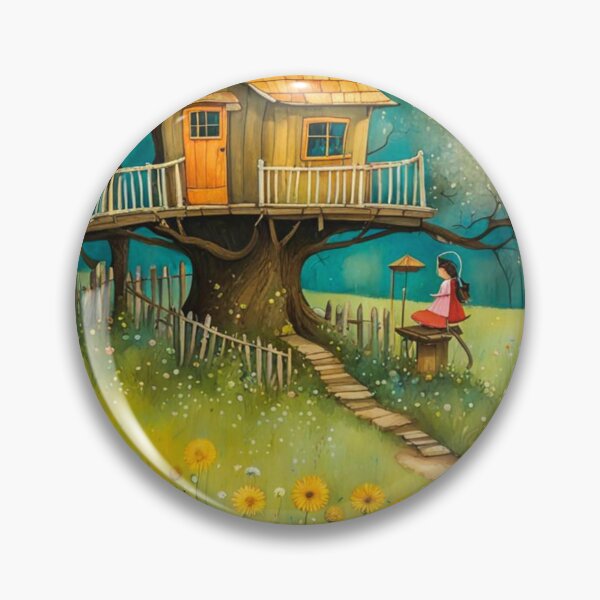 Item preview, The Hideout Cute Fantasy Wooden Tree House in the Meadow With Spring Flowers and Dandelions Garden - Whimsical Illustration designed and sold by MyArt23.