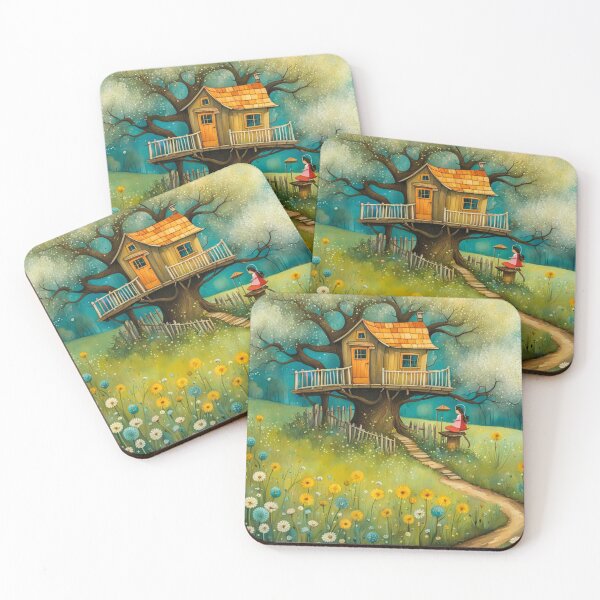 Item preview, The Hideout Cute Fantasy Wooden Tree House in the Meadow With Spring Flowers and Dandelions Garden - Whimsical Illustration designed and sold by MyArt23.