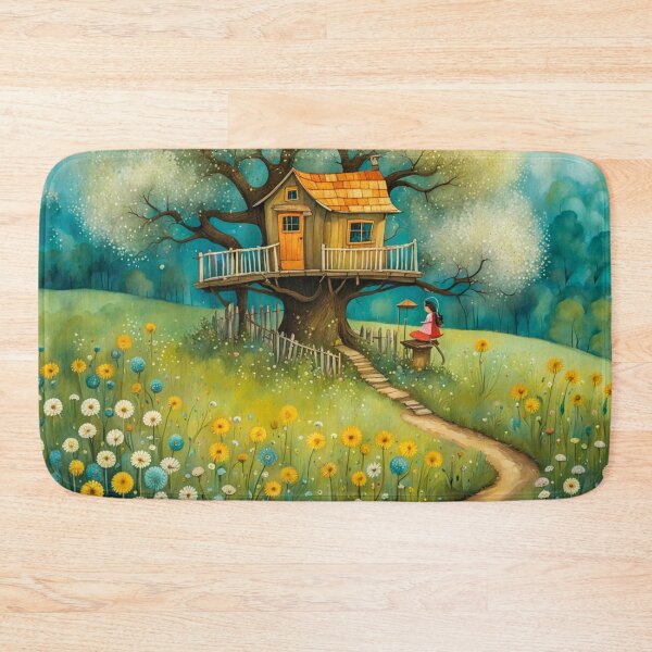 Item preview, The Hideout Cute Fantasy Wooden Tree House in the Meadow With Spring Flowers and Dandelions Garden - Whimsical Illustration designed and sold by MyArt23.