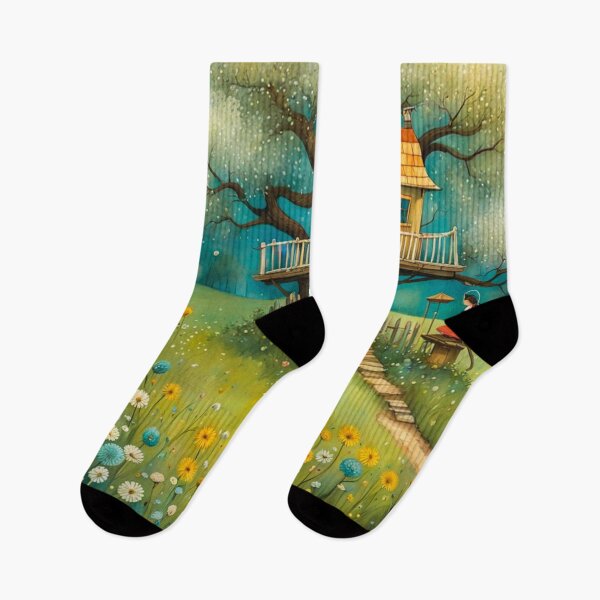 Item preview, The Hideout Cute Fantasy Wooden Tree House in the Meadow With Spring Flowers and Dandelions Garden - Whimsical Illustration designed and sold by MyArt23.