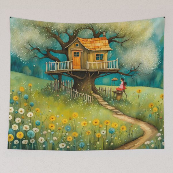 Item preview, The Hideout Cute Fantasy Wooden Tree House in the Meadow With Spring Flowers and Dandelions Garden - Whimsical Illustration designed and sold by MyArt23.
