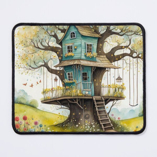 Item preview, The Hideout Cute Fantasy Wooden Tree House in the Meadow With Spring Flowers and Dandelions Garden - Whimsical Illustration designed and sold by MyArt23.