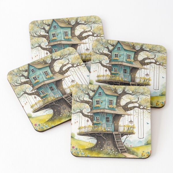 Item preview, The Hideout Cute Fantasy Wooden Tree House in the Meadow With Spring Flowers and Dandelions Garden - Whimsical Illustration designed and sold by MyArt23.