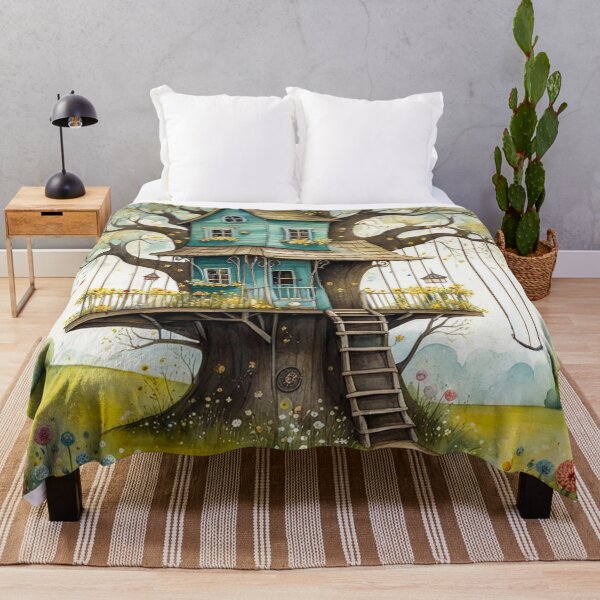 Item preview, The Hideout Cute Fantasy Wooden Tree House in the Meadow With Spring Flowers and Dandelions Garden - Whimsical Illustration designed and sold by MyArt23.